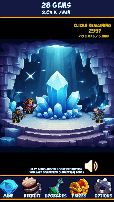 Karnage Clicker Mine screen showing the central crystal and clicks remaining