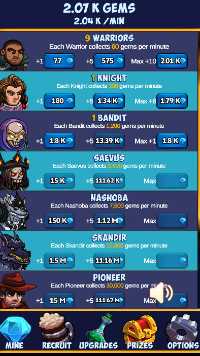 Karnage Clicker Recruit screen listing characters, production rates and purchase controls