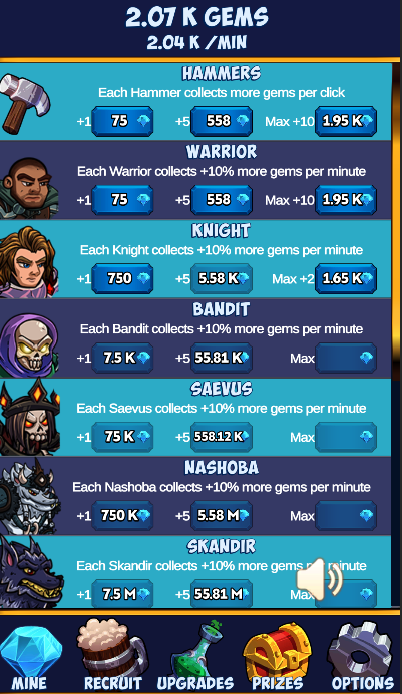 Karnage Clicker Upgrades screen showing Hammer and character production upgrades