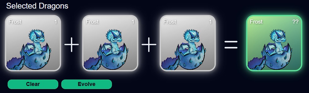 Three matching Frost Dragons being merged into a higher-rarity Frost Dragon