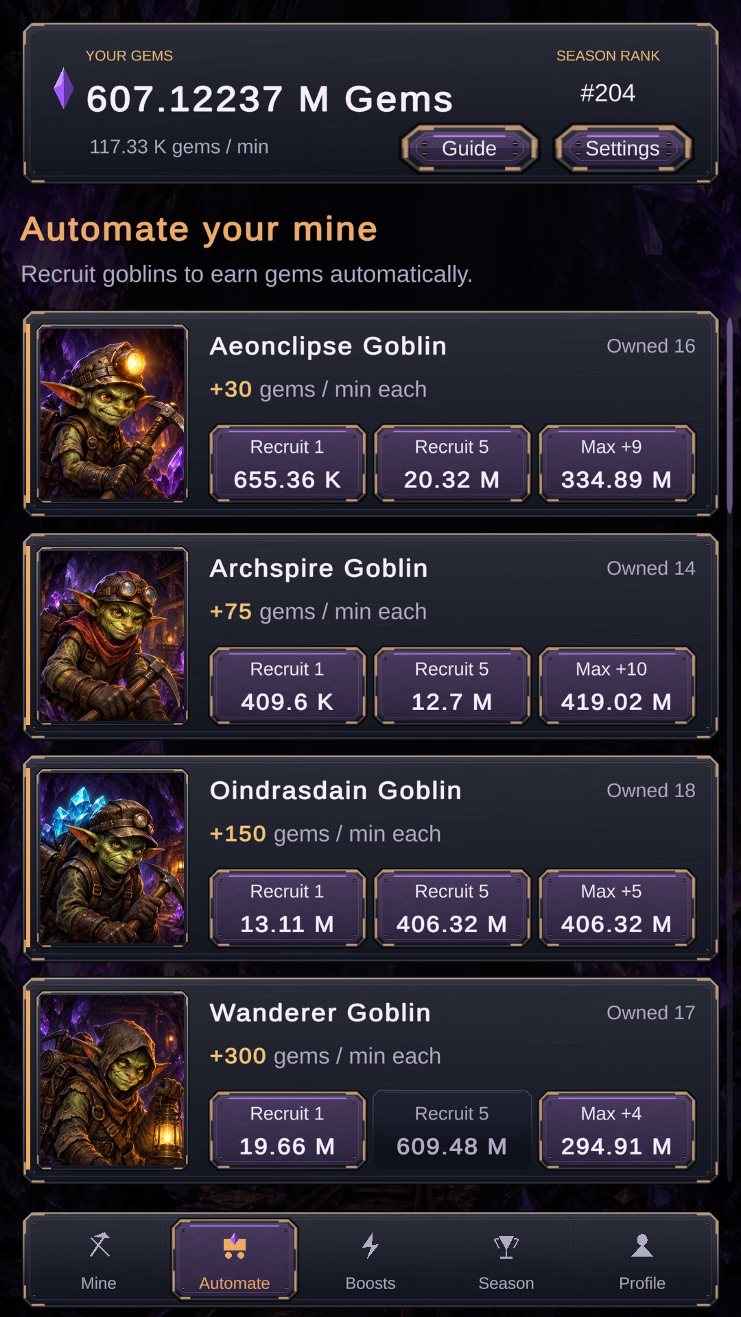 ENJ Excavators Automate screen listing Goblin miners and purchase controls