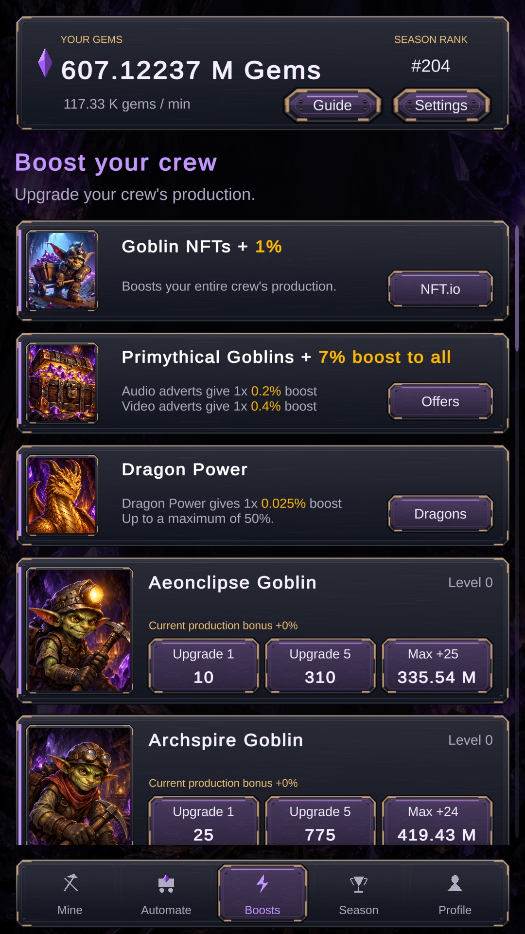 ENJ Excavators Boosts screen showing Goblin, NFT, advert and Dragon Power bonuses