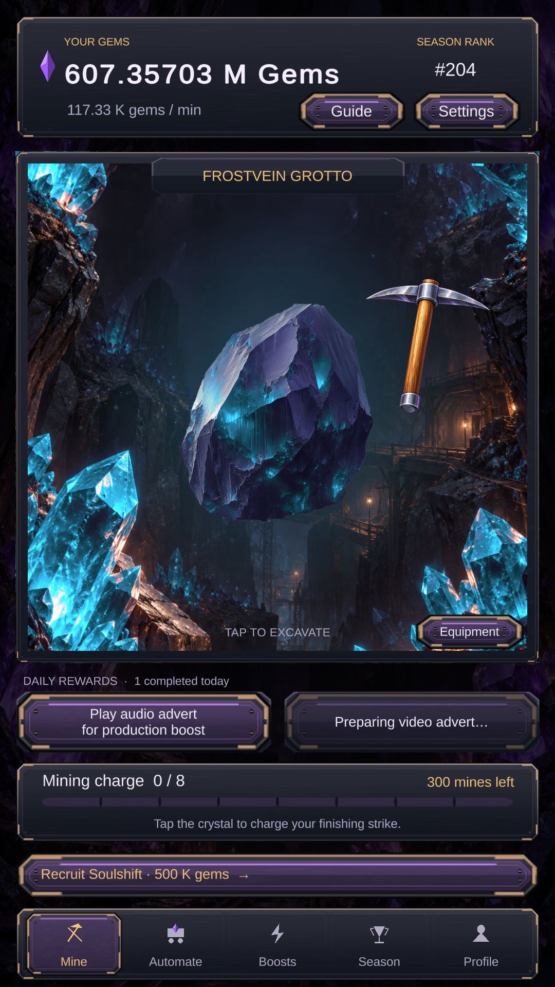 ENJ Excavators Mine screen showing the excavation crystal and mining charge