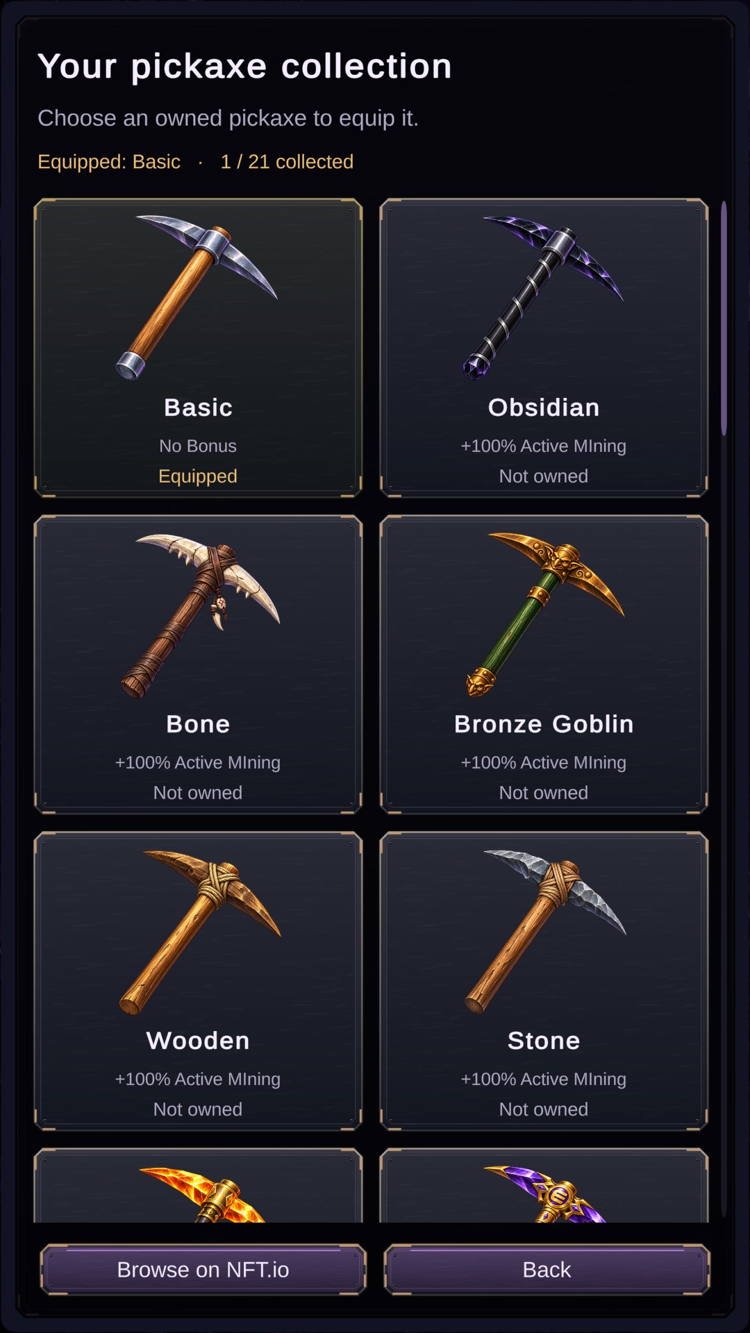 ENJ Excavators pickaxe collection showing owned and available pickaxes