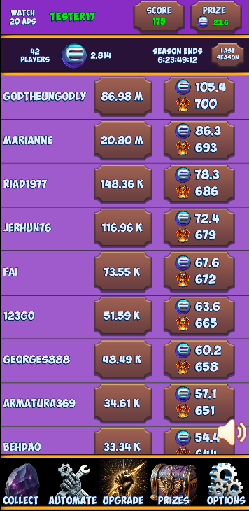 ENJ Excavators Prizes screen showing season rank, countdown and leaderboard