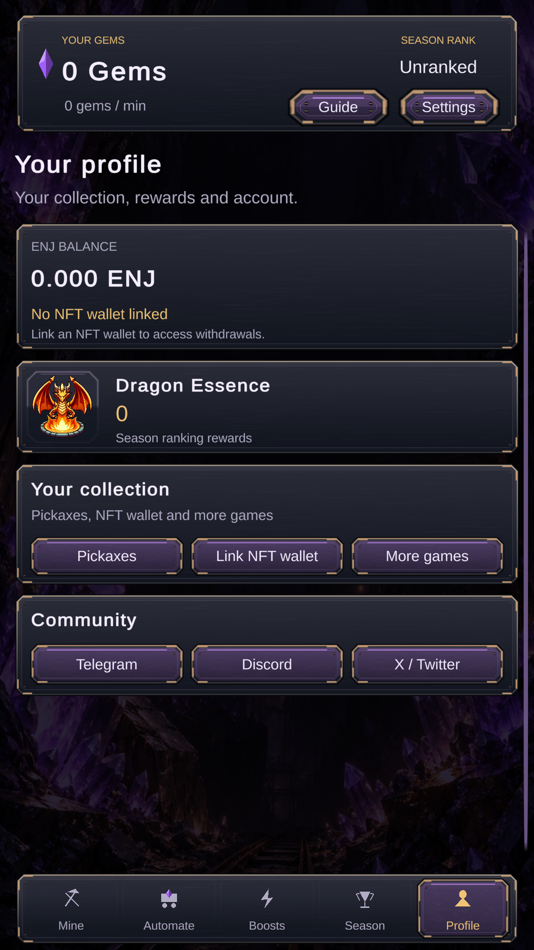 ENJ Excavators Profile screen showing ENJ balance, Dragon Essence and wallet-linking controls