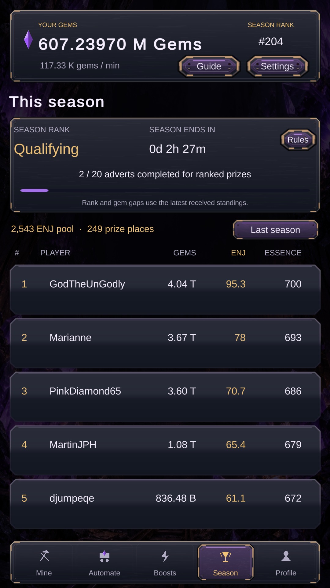ENJ Excavators Season screen showing rank, countdown, prize pool and leaderboard