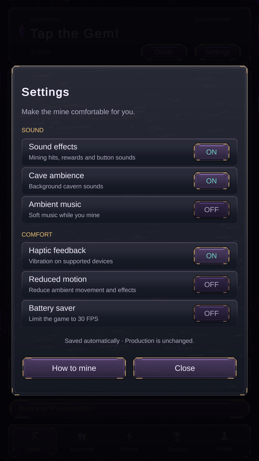 ENJ Excavators Settings panel with sound, comfort and accessibility controls