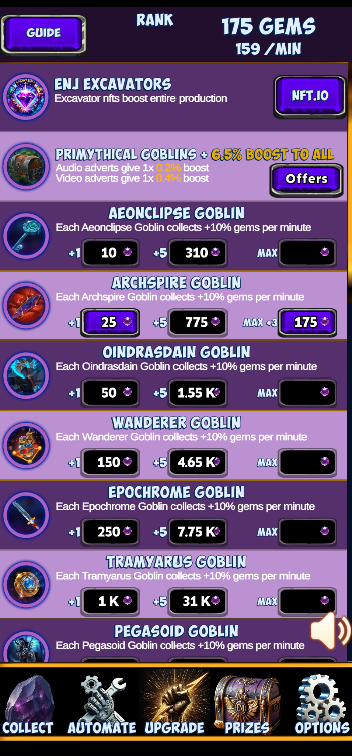 ENJ Excavators Upgrade screen showing Goblin and global production bonuses