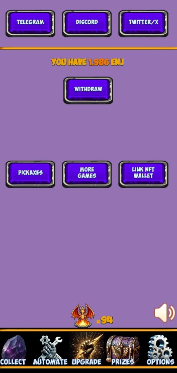 ENJ Excavators Options screen showing the Withdraw and Link NFT Wallet buttons