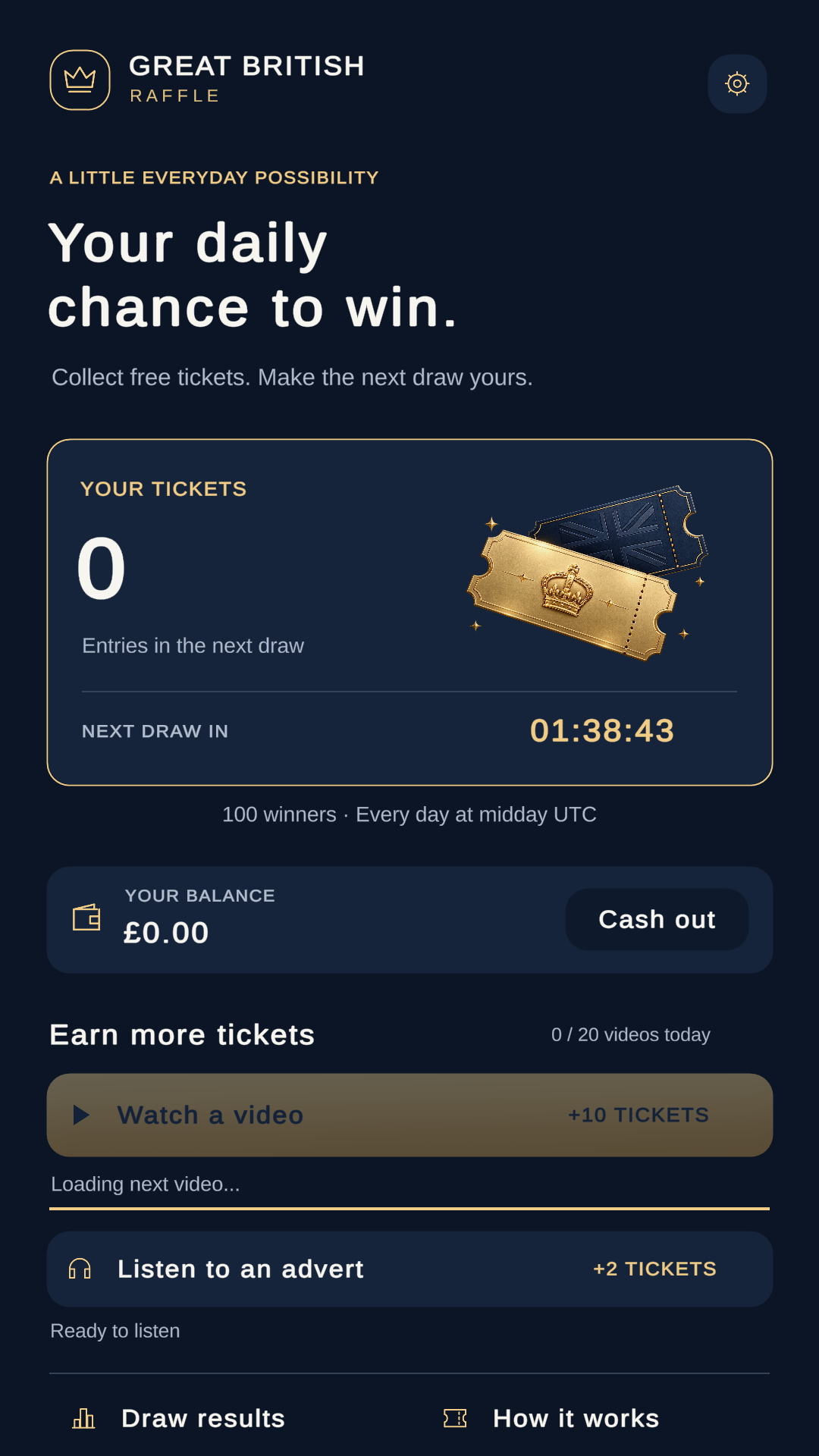 Great British Raffle home screen showing tickets, next draw countdown, balance, Cash Out and video and audio advert buttons