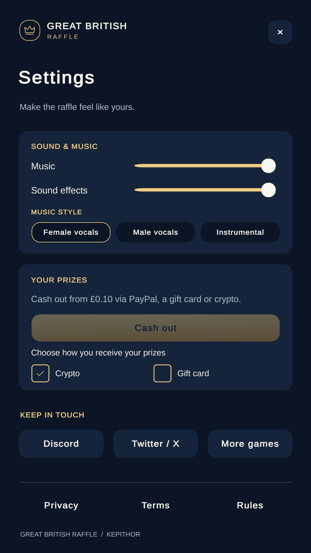 Great British Raffle Settings screen with music and sound sliders, music styles, Cash Out and community links