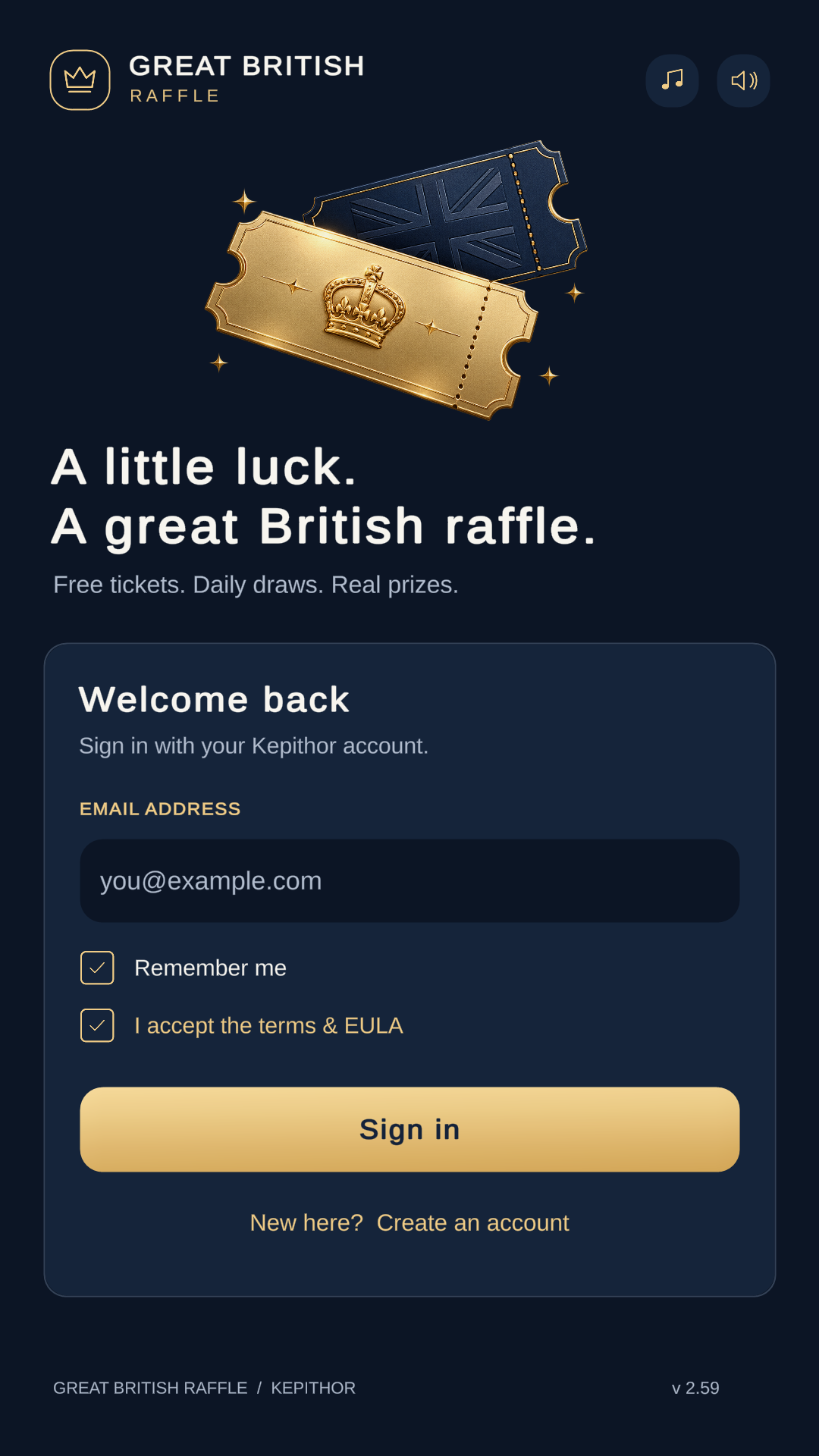 Great British Raffle sign-in screen with email field and Create an Account link