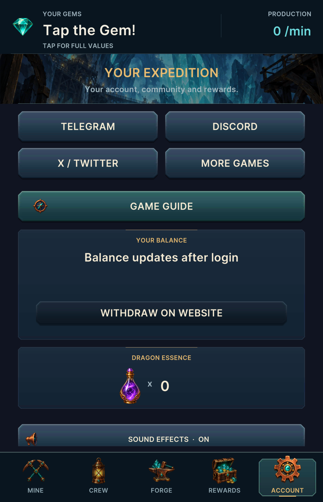 Gemhold Account screen with community links, balance, withdrawal and Dragon Essence