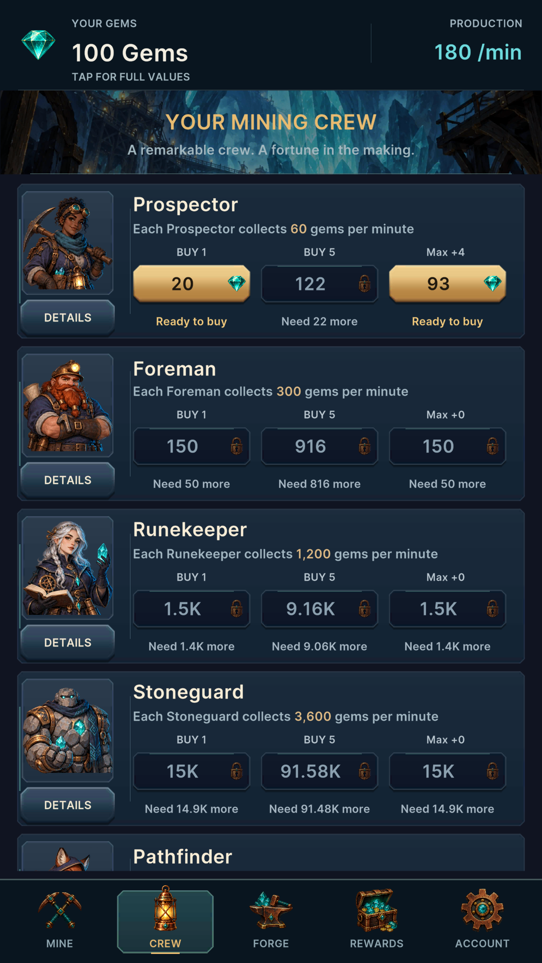 Gemhold Crew screen with Prospectors, Foremen, Runekeepers and purchase controls