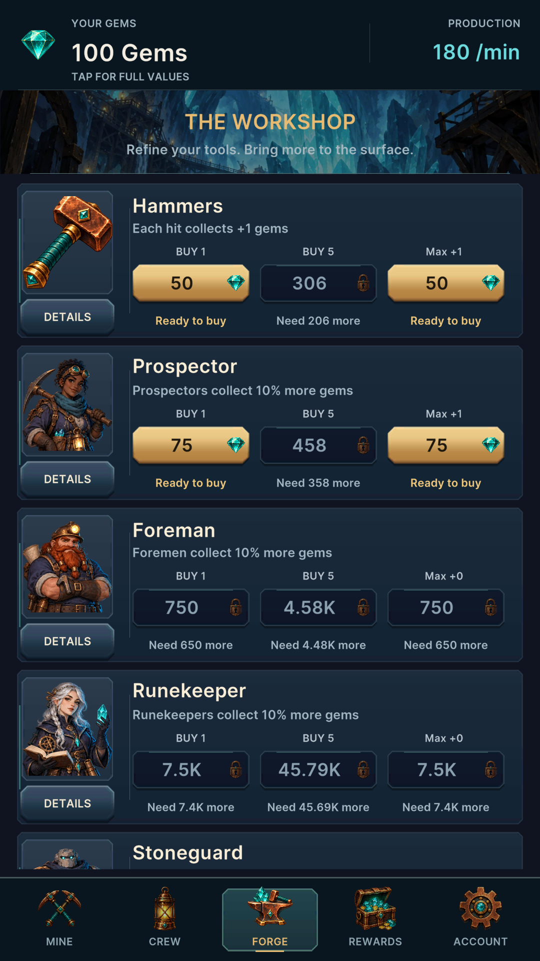 Gemhold Forge screen showing Hammers and crew production upgrades