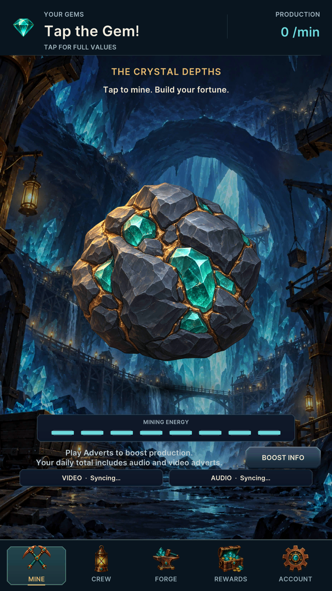 Gemhold Mine screen showing the gem-covered rock, mining meter and advert buttons