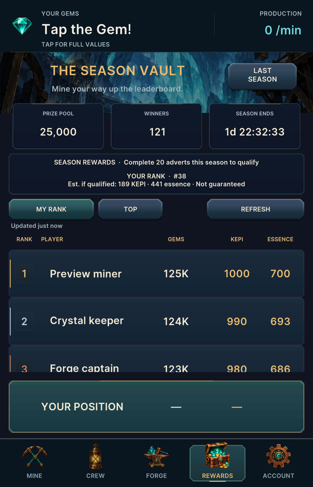 Gemhold Rewards screen with season countdown, prize qualification and leaderboard