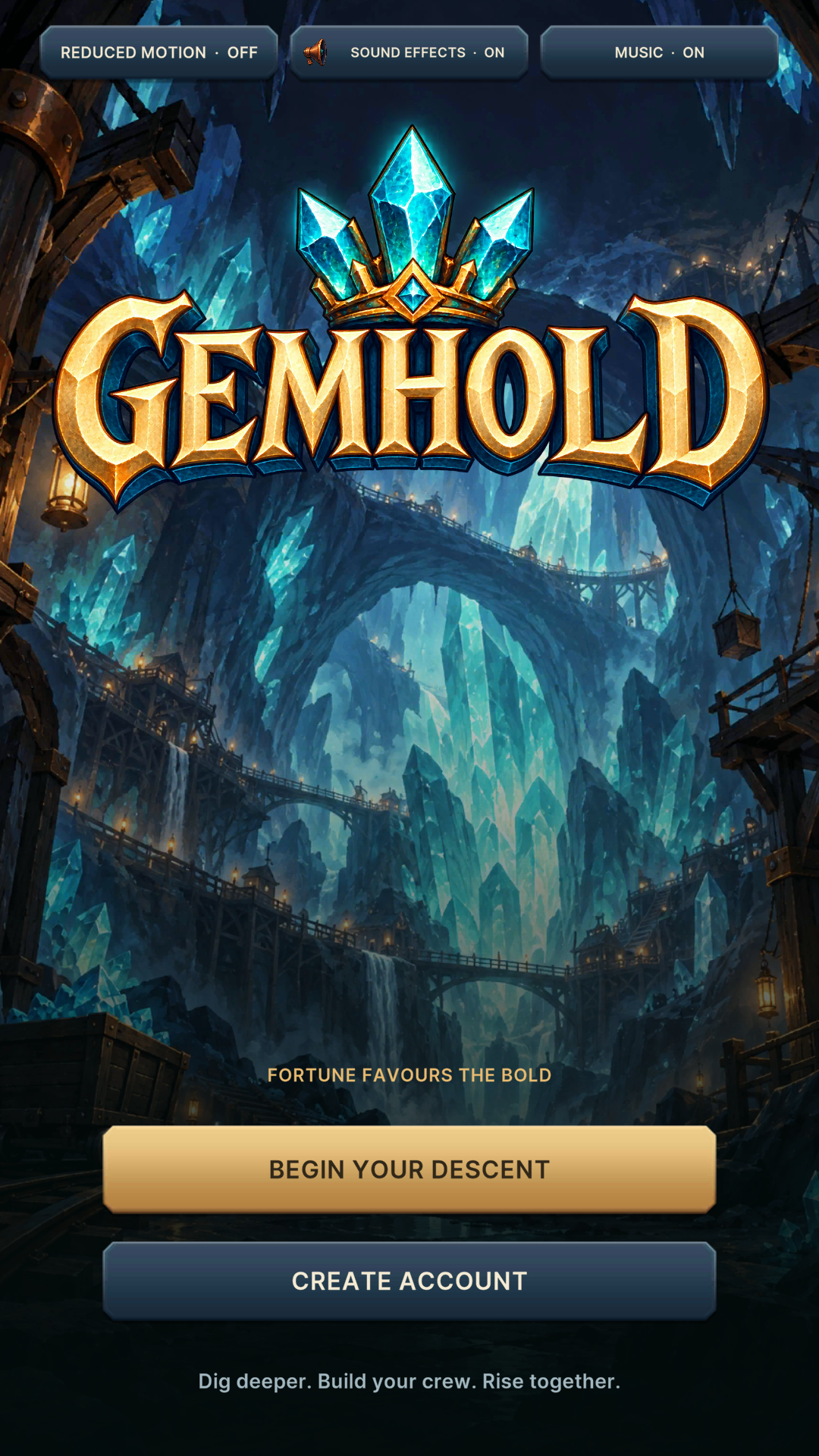 Gemhold title screen with Begin Your Descent and Create Account buttons