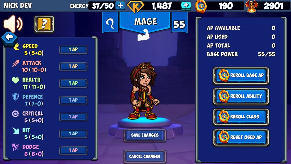 Kingdom Karnage Heroes hero management screen showing stats, Ability Points and reroll controls