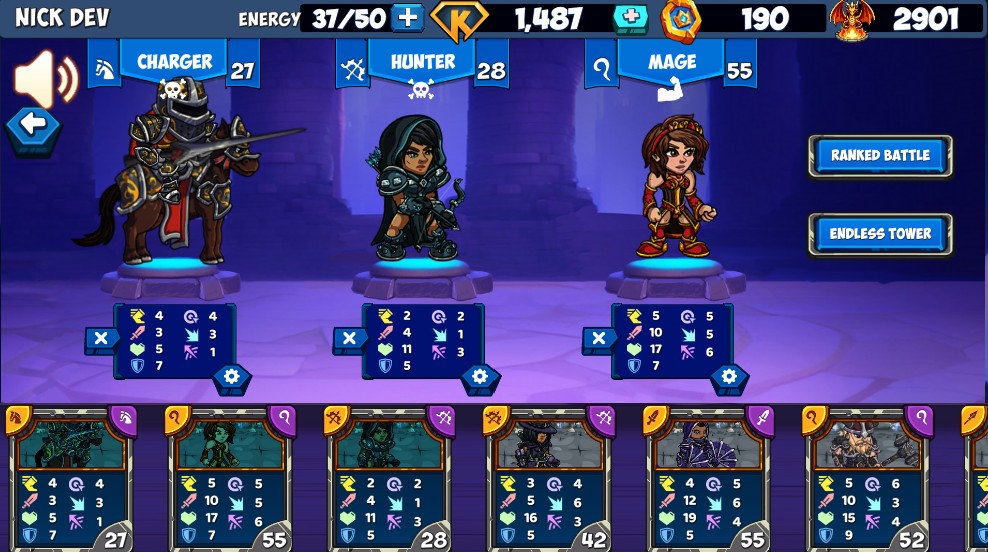 Kingdom Karnage Heroes team management screen with three selected heroes