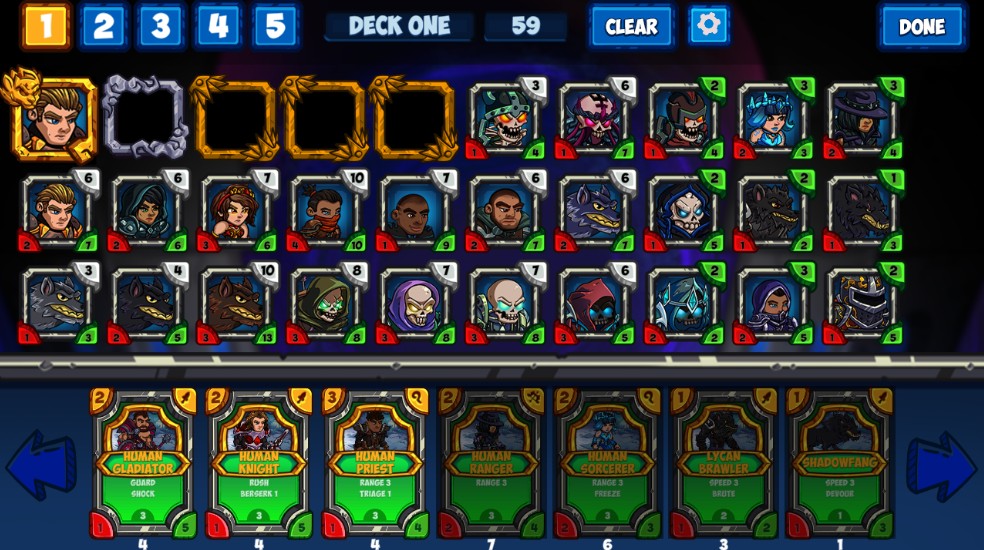 Kingdom Karnage deck screen showing a saved deck, hero and card collection
