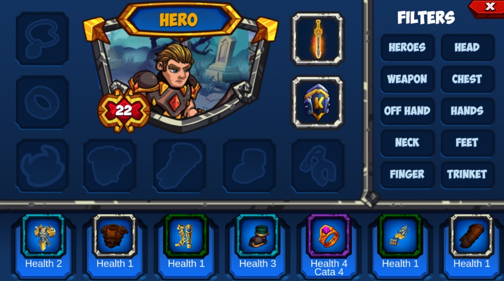 Kingdom Karnage hero equipment screen showing hero health and equipment slots