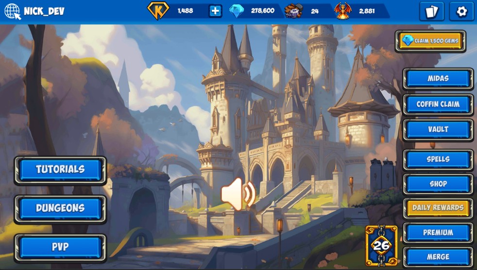 Current Kingdom Karnage main menu showing Tutorials, Dungeons, PvP, Midas, Spells, Shop, Daily Rewards, Premium and Merge