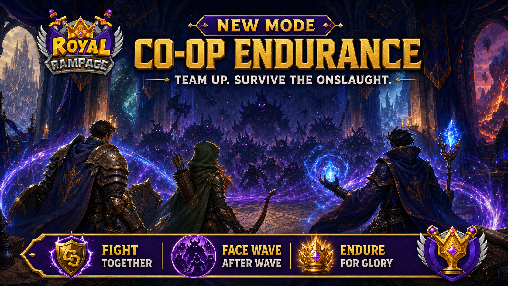 Royal Rampage co-op launch artwork with three heroes fighting together
