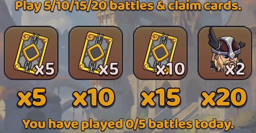 Royal Rampage Daily Battles screen with rewards at 5, 10, 15 and 20 battles