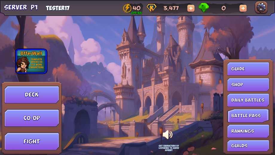 Current Royal Rampage main menu showing Deck, Co-op, Fight, Daily Battles, Battle Pass, Rankings and Guilds