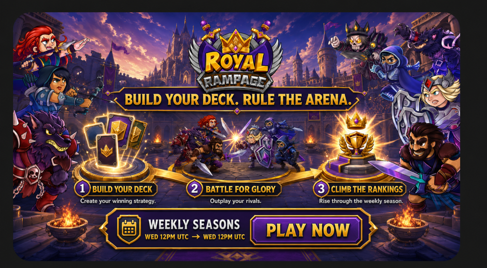 Royal Rampage characters surrounding the arena and weekly-season banner