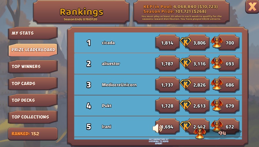 Royal Rampage Rankings screen showing player positions and season prizes
