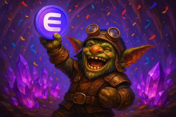 an enj excavator goblin holding up an enjin coin in triumph