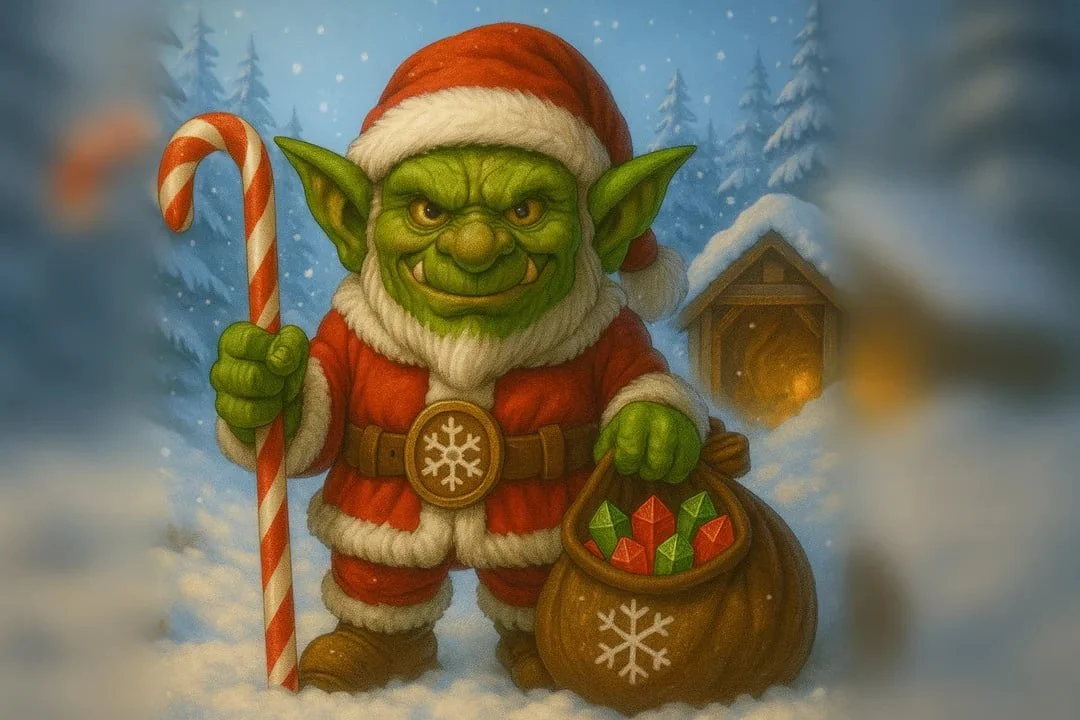 A goblin stands on a snowy landscape dressed as Santa with a bag full of red and green gems