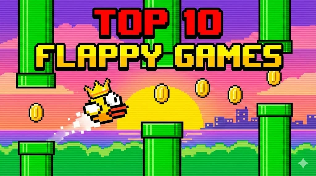 Top 10 Flappy Games - pixel art banner showing crowned bird flying through green pipes with coins