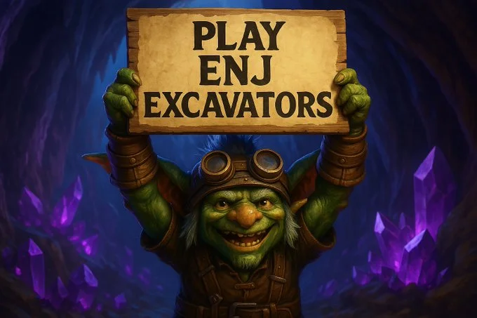A green goblin miner in goggles holds a sign reading "PLAY ENJ EXCAVATORS" inside a dark cave filled with purple crystals.