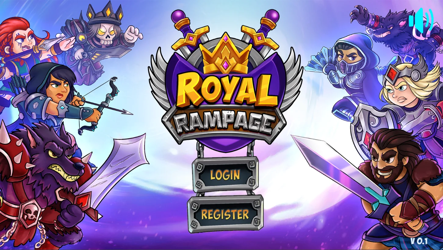 Royal Rampage login screen, featuring 8 human, undead and lycan characters looking like they are about to fight..