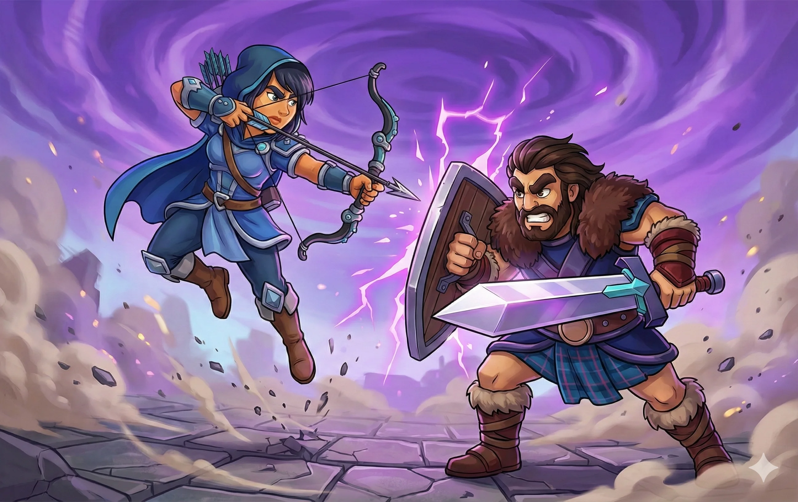 A cartoon battle scene showing the human archer attacking the warrior Wyden amidst purple lightning.