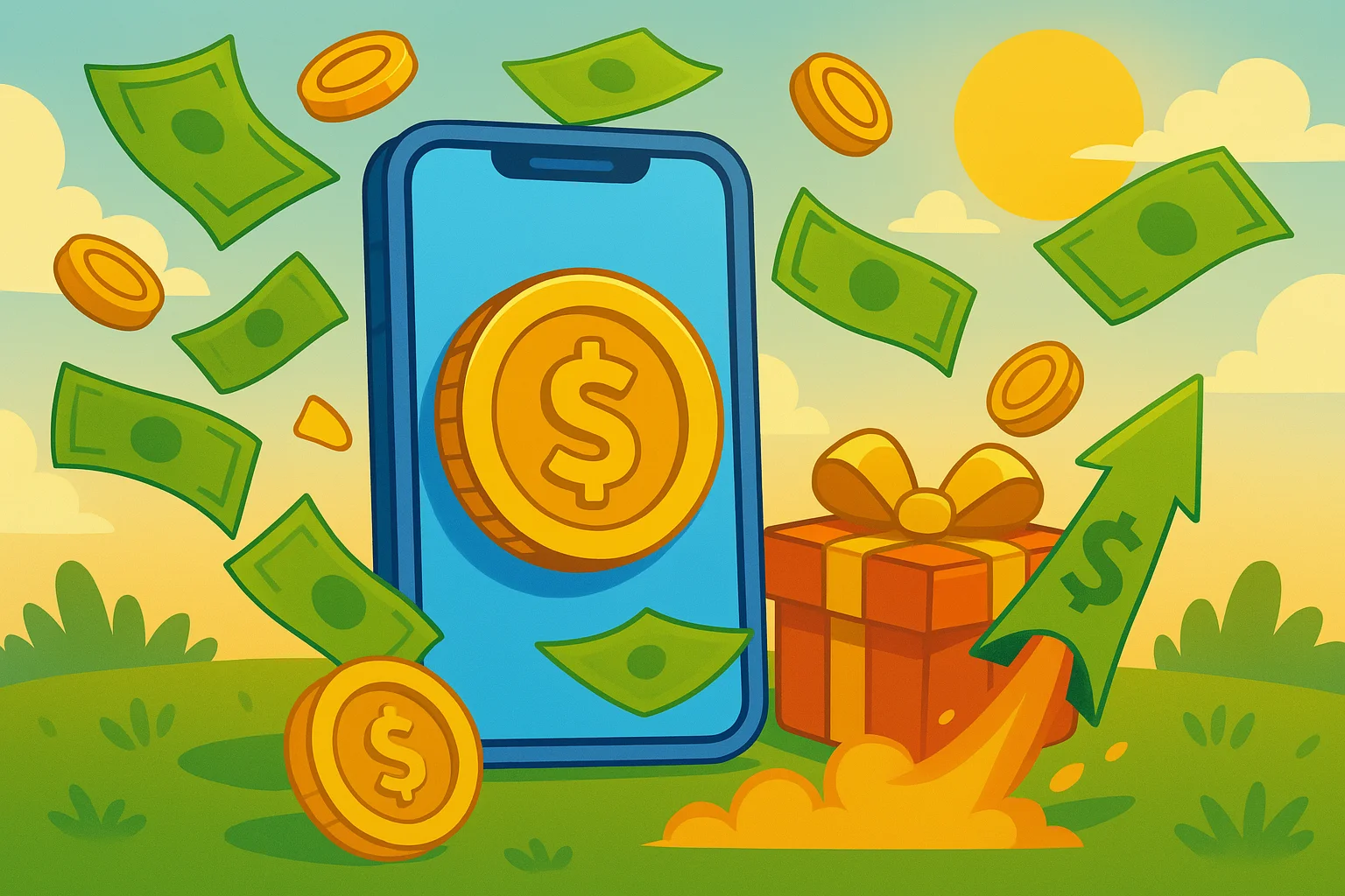 Smartphone with gold coins and cash flying around a gift box and rising arrow, set outdoors in the sun.