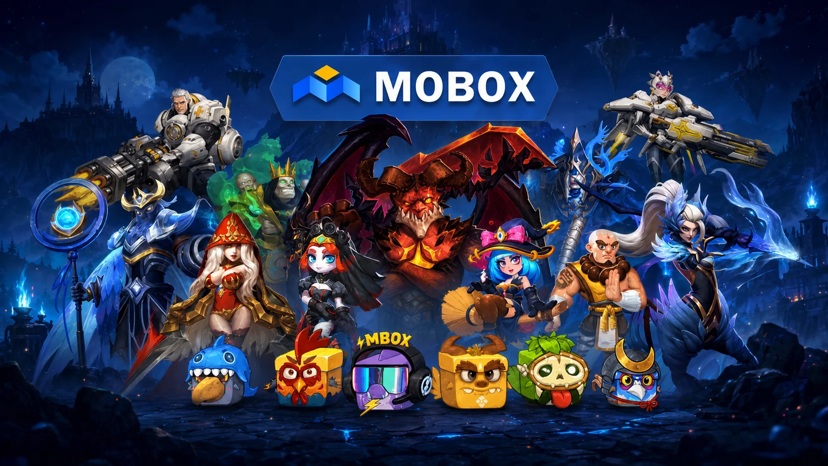 MOBOX logo surrounded by characters from its gaming ecosystem