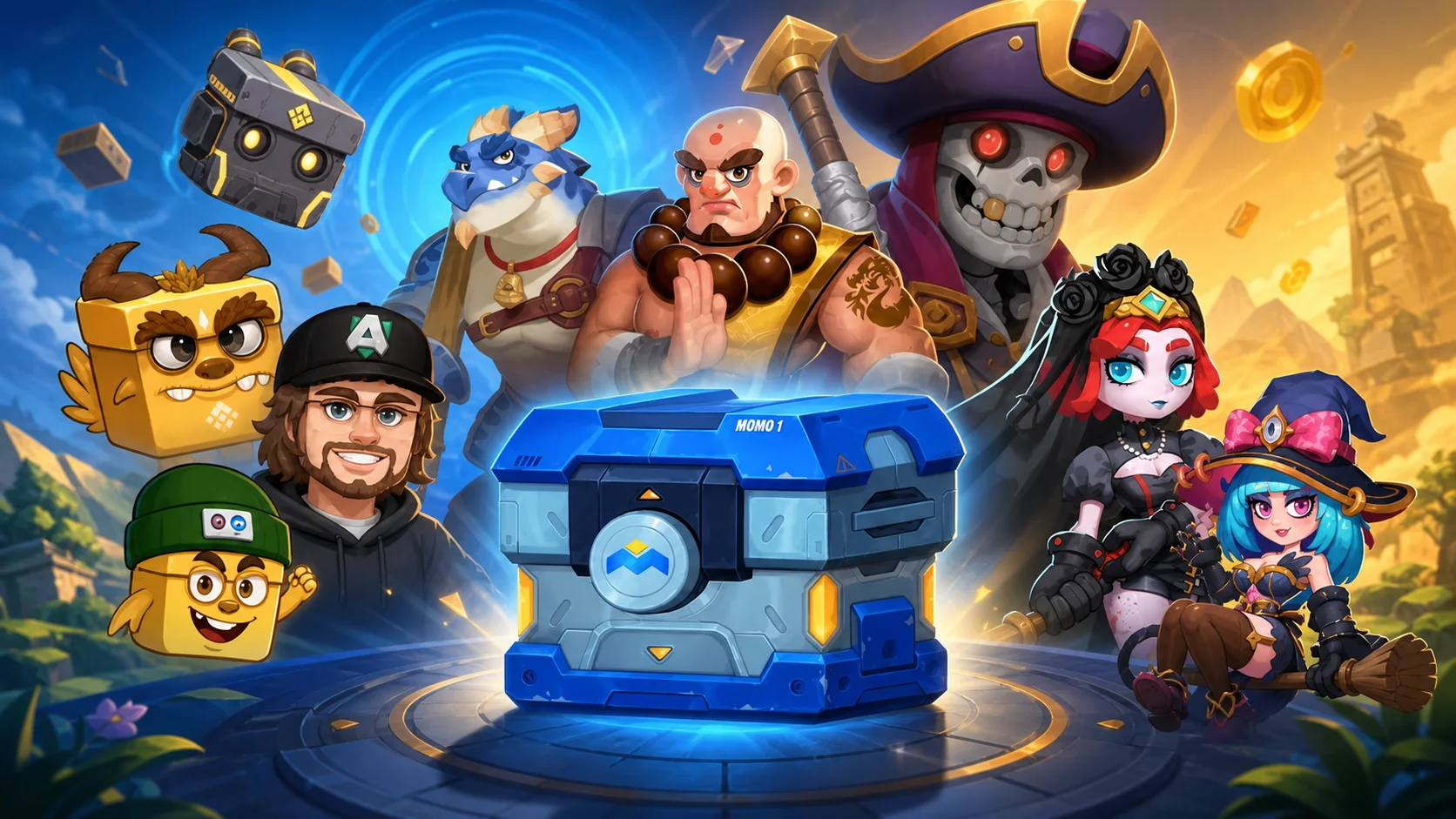 MOMO NFT characters gathered around a blue MOBOX mystery box