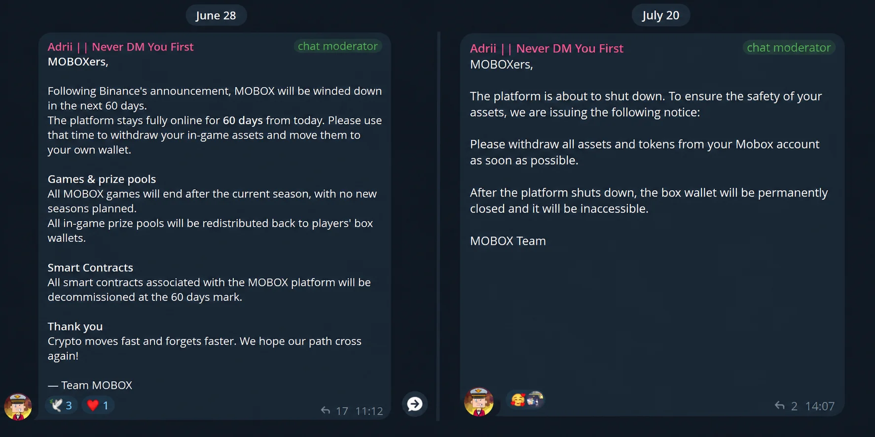 MOBOX Telegram notices announcing the platform wind-down, end of game seasons and closure of the BOX wallet